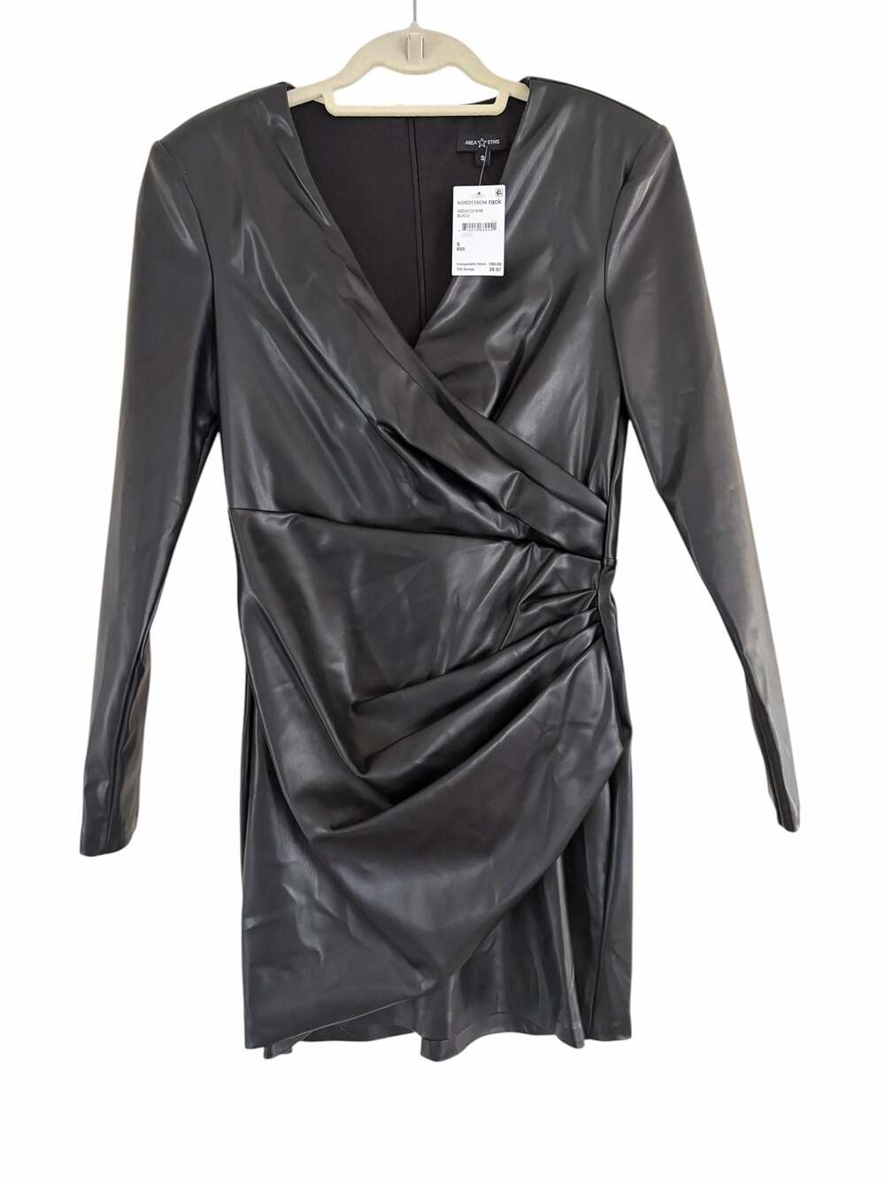 Area Stars Long Sleeve Faux Leather Ruched Wrap Mini Dress